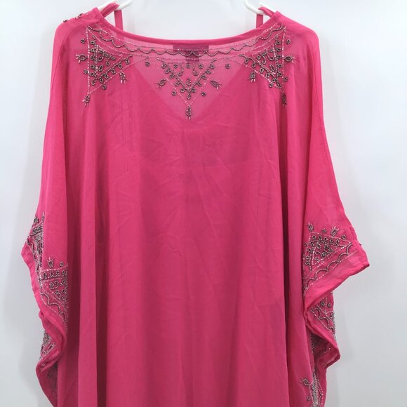 Incredible Women's 30/32 Hand Beaded 2 Piece Pink Boho Tunic Semi-Sheer V-Neck - Picture 9 of 15